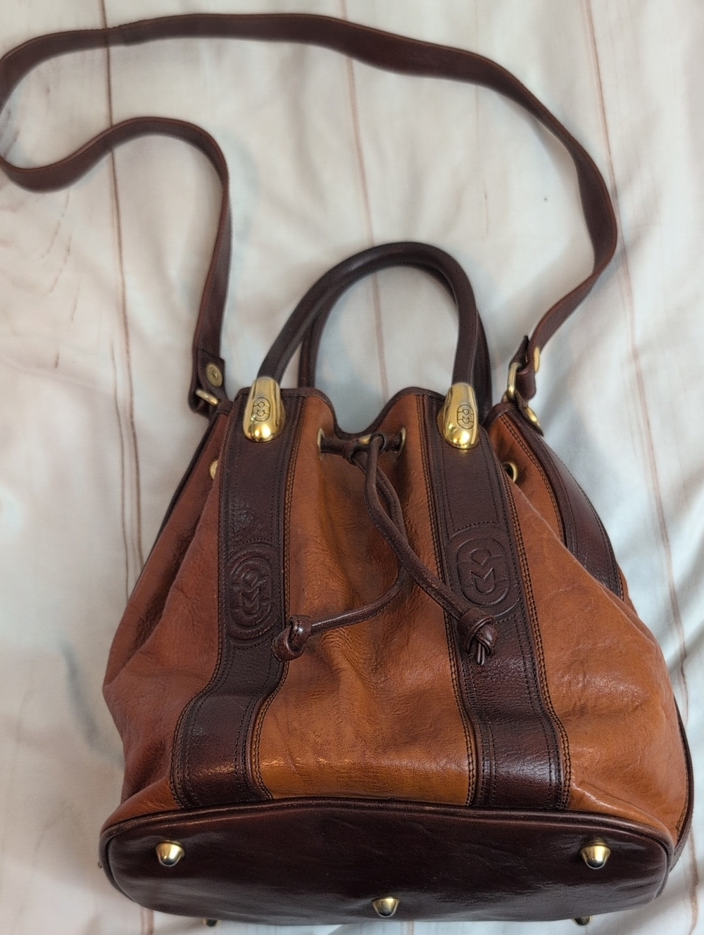 Marino Orlandi Leather Bucket Bag Cognac Brown Made Italy Drawstring Crossbody